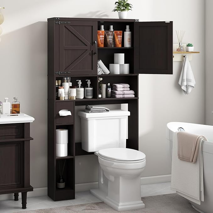 Vabches Over The Toilet Storage Cabinet, Farmhouse Storage Cabinet Over Toilet with 2 Barn Doors & Toilet Paper Holder Stand,Home Space-Saving Toilet Rack, for Laundry, Restroom, Bathroom.Walnut