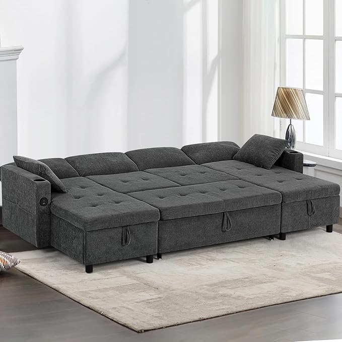 110" Fabric Pull-Out Couch Bed w/Adjustable Backrests, Sectional Sleeper Sofa w/USB Ports & 2 Cup Holders, Upholstered U-Shaped Couch w/Storage Chaise for Living Room, House, Grey