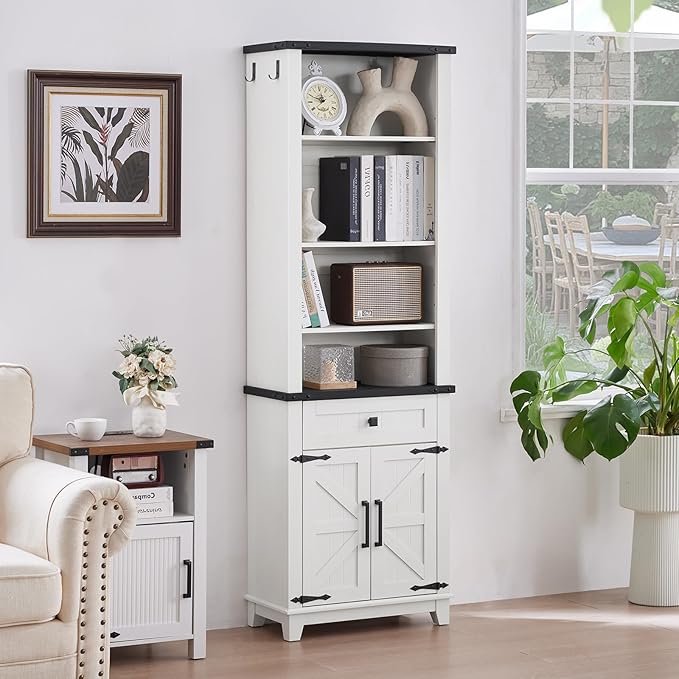 72in Tall Bookshelf 7 Tier Bookcase with Drawer and Barn Doors and Adjustable Shelves, White Farmhouse Book Shelf with Storage Cabinet, Wood Freestanding Display Bookshelves for Living Room