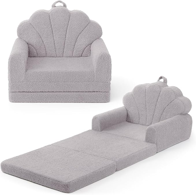 Blissful Diary Foldable Toddler Couch, 2-in-1 Comfy Toddler Chair & Lounger for Reading, Nap, Playroom, Kids Couch Sofa for 1 2 3+ Year Old Girls Boys Baby Birthday Gift, Gray Shell