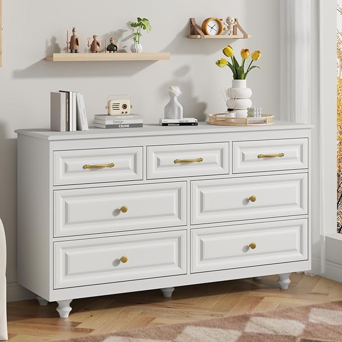 Farmhouse Dresser for Bedroom, 51'' Wide Rustic chests of Drawers with Natural Texture, 7 Drawers Dresser Vintage Design, Storage Dressers Organizer, White