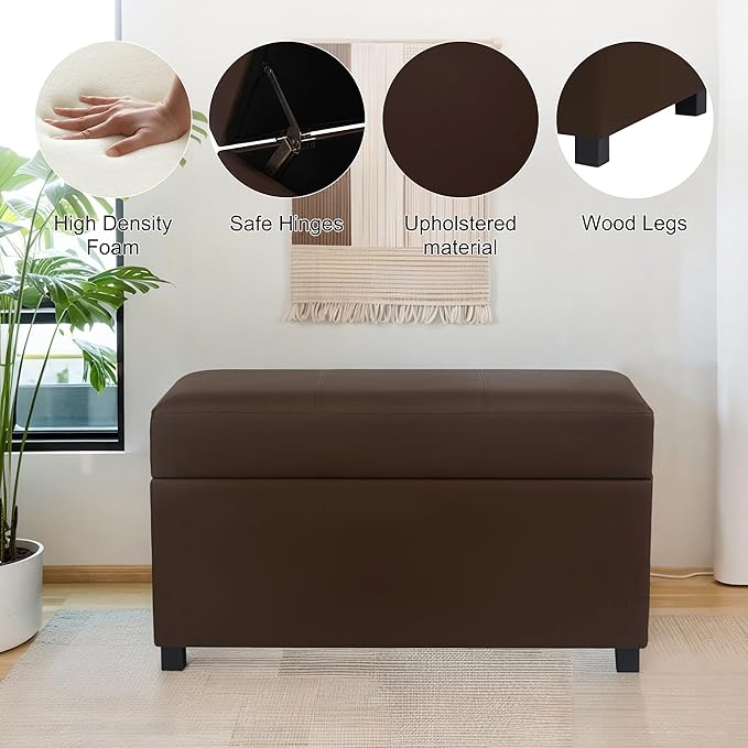 Asense Storage Ottoman Bench –32 Inch Stylish Compact Design with Storage, Extra Seating & Modern Leather Appeal for Living Room, Bedroom, Entryway, Espresso Brown