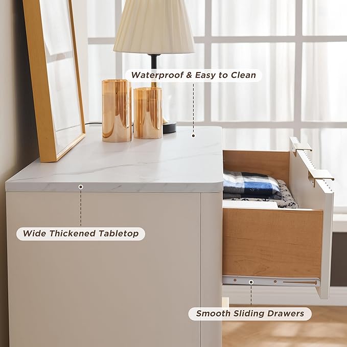 T4TREAM Fluted 5 Drawers Dresser, 48" Tall Modern Chest of Drawers with Faux Marble Top, Curved Profile Design, Wood Drawer Organizer for Bedroom, Living Room, Hallway, Entryway, Solid White