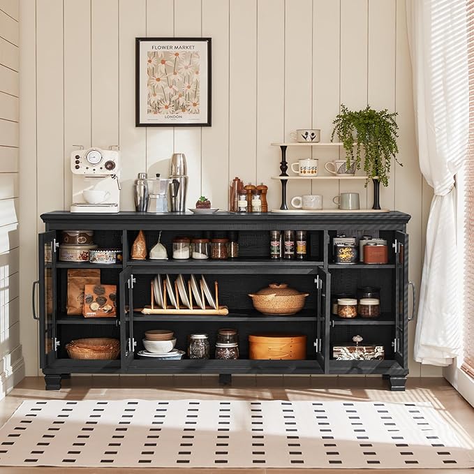 Large Black Sideboard Buffet Cabinet with Storage, Vintage Farmhouse 60" Wide Credenza Accent Cabinets with Glass Doors & Wood Legs, Kitchen Console Bar Table for Dining Room, Living Room