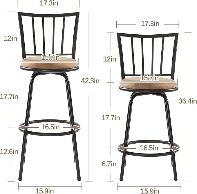 VECELO Bar Stools Adjustable Height, 24/29" Barstool Swivel Counter Stool with Upholstered Seat,Steel Bistro Pub Chairs, Straight Line Backrest