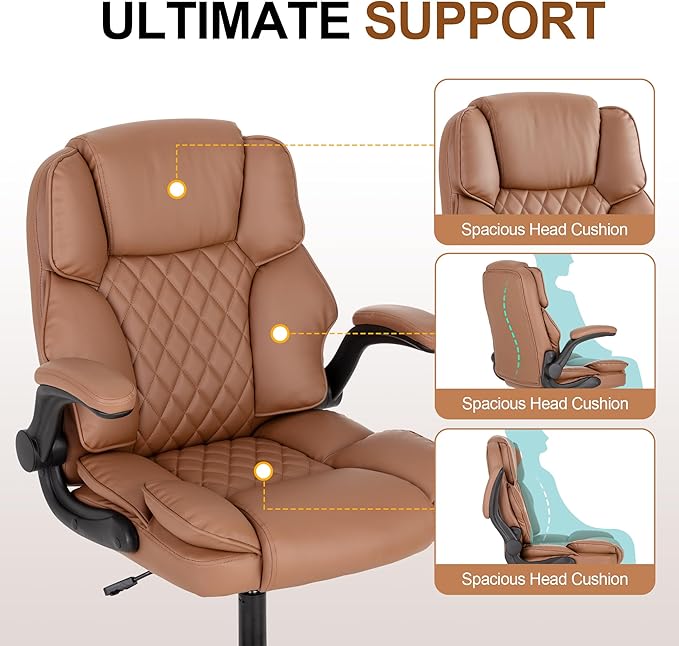 Office Desk Chair,Mid Back Executive Leather Chair,Ergonomic Home Computer Chair,Modern Conference Room Chairs with Adjustable Flip-Up Arms and Rocking Function (Brown)