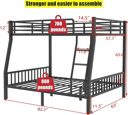 Higher Quality & Stronger Metal Full XL Over Queen Bunk Bed, Thickened Heavy Duty More Stable Safer Black Steel Bunkbed Bunk Queen Bed (Easier to Assemble) (Full XL Over Queen)