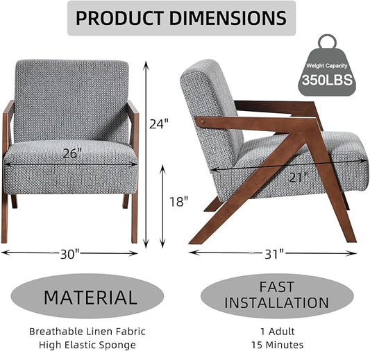 INZOY Accent Chairs Set of 2, Mid Century Modern Accent Chair with Wood Frame, Upholstered Reading Armchair with Soft Linen Fabric, Accent Chair for Living Room Bedroom Apartment, Easy Assembly, Blue