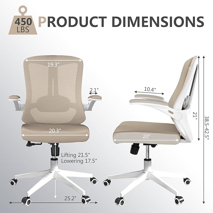Office Chair, Ergonomic Comfort Home Desk Chair, Mid Back Gaming Chair with Wheels, Adjustable Height, Lumbar Support, Flip-up Armrest with 350LBS Capacity