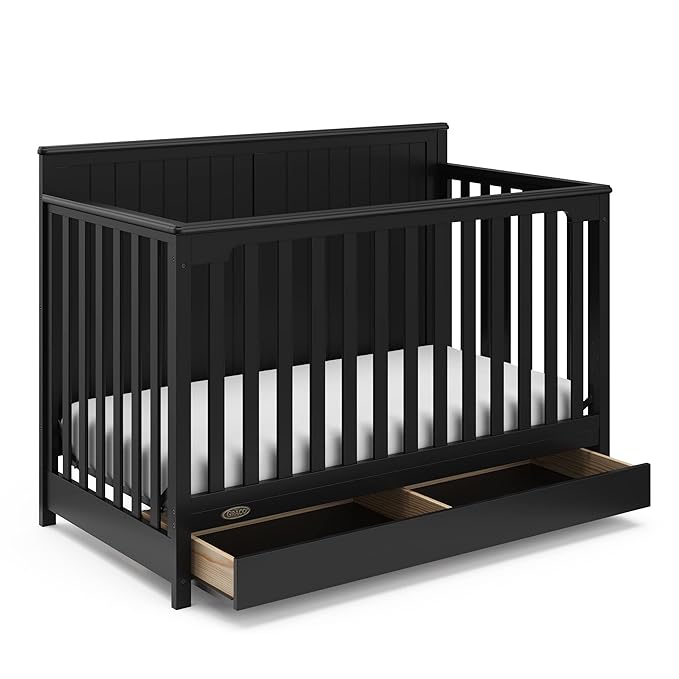 Graco Hadley 5-in-1 Convertible Crib with Drawer (Black) – Combo, Includes Full-Size Nursery Storage, Converts from Baby Crib to Toddler Bed, Daybed