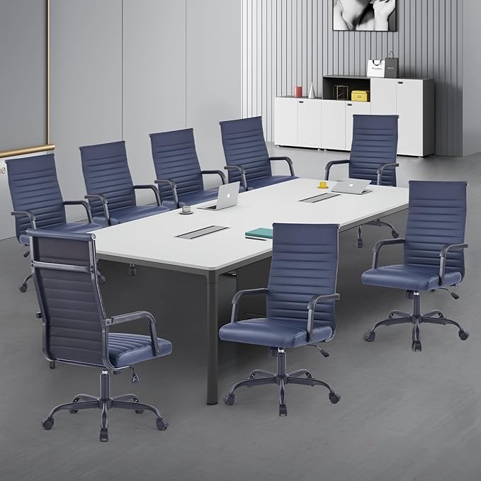 Office Chair, Ergonomic Executive Conference Room Chairs, Ribbed Leather Desk Chair with Lumbar Support, Adjustable Height Mid-Back Swivel Chair with Padded Seat and Square Tube Armrests