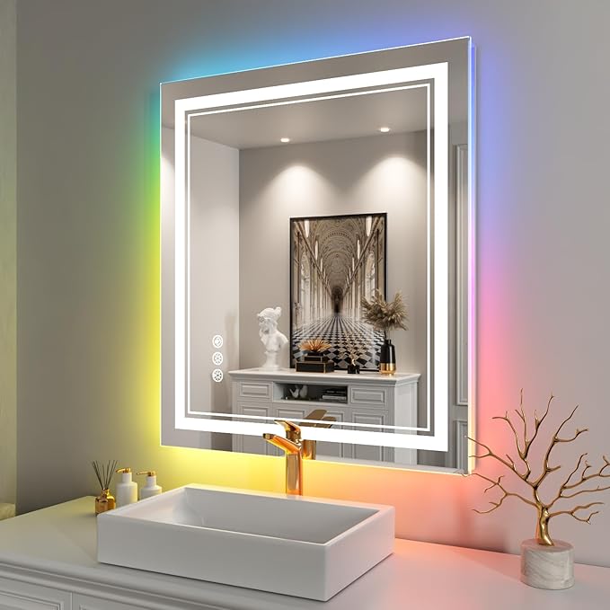 28x32 inch LED Bathroom Mirror with RGB Lights Color Changing Backlit Mirror Shatterproof Dimmable Anti-Fog Lighted Vanity Mirror (RGB Multicolor Backlit + Adjustable Front-Lighted)