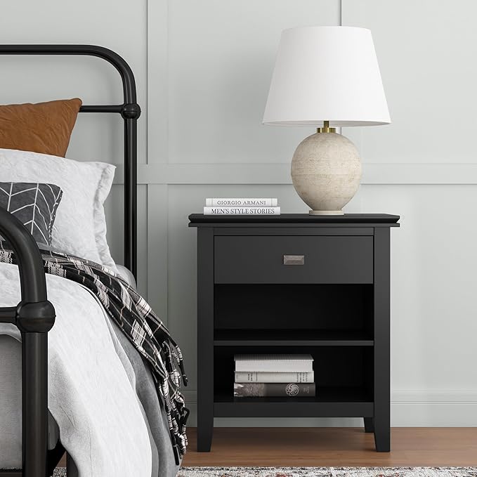 SIMPLIHOME Artisan Solid Wood 24 inch Wide Contemporary Bedside Nightstand Table in Black for The Living Room and Bedroom