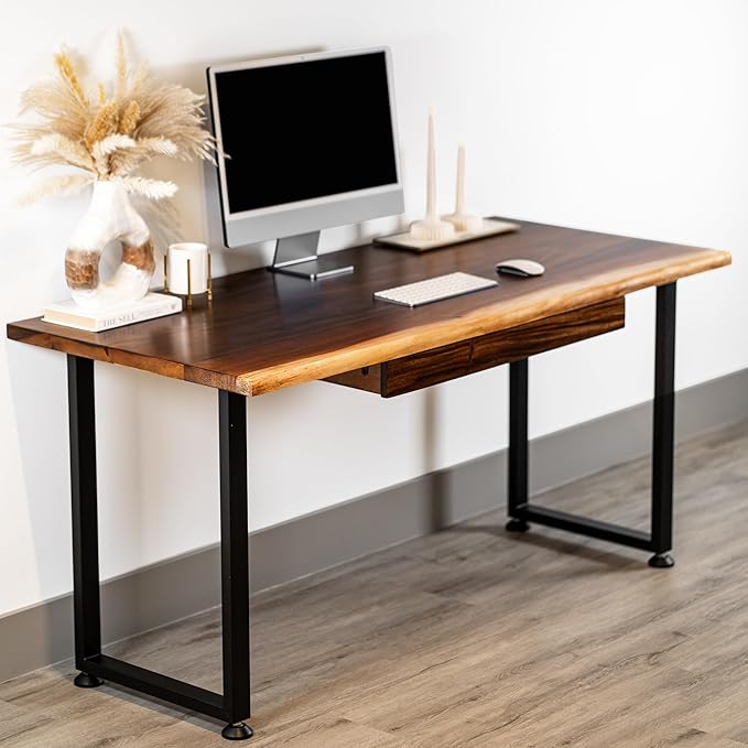 Wood Computer Desk with Drawer - 48x27 Solid Wood Desk, Live Edge Walnut Desk, Sturdy Metal Legs - Scratch and Stain Resistant Finish - Premium Quality