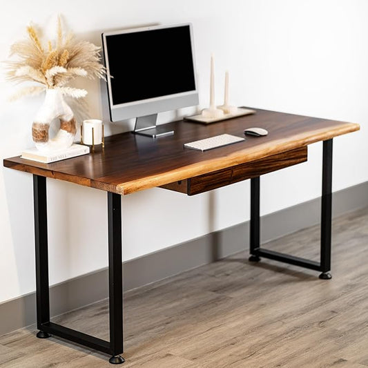 Solid Walnut Wood Computer Desk with Drawer– Live Edge Wooden Home Office Desks with Sturdy Metal Legs – Handmade Real Wood Table for Work, Study, or Gaming - 60” x 27”
