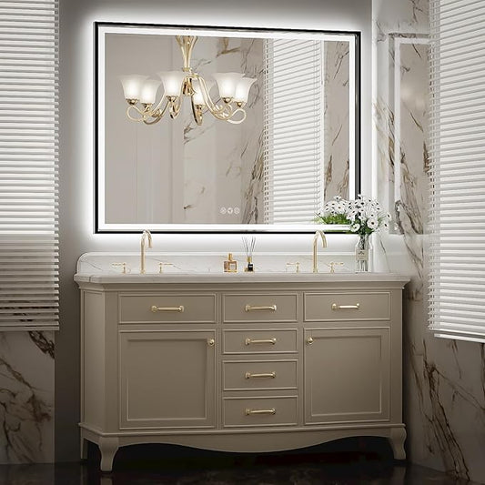 48x30 Inch LED Bathroom Mirror with Lights, Frontlit & Backlit Black Metal Frame Mirror, Wall Mounted Lighted Vanity Mirrors, Double Lights Strips,Anti Fog Dimmable & 3 Colors Temperature