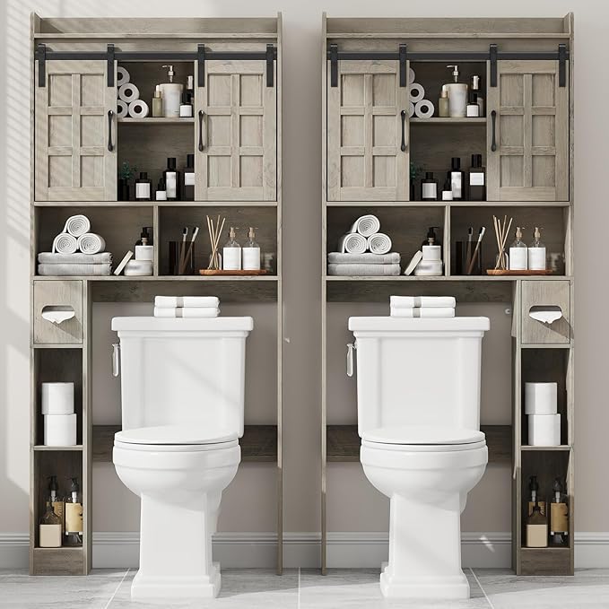 Over The Toilet Storage Cabinet, Farmhouse Storage Cabinet Over Toilet with Sliding Doors,Home Space-Saving Toilet Rack, for Bathroom, Restroom, Laundry.Wash Grey