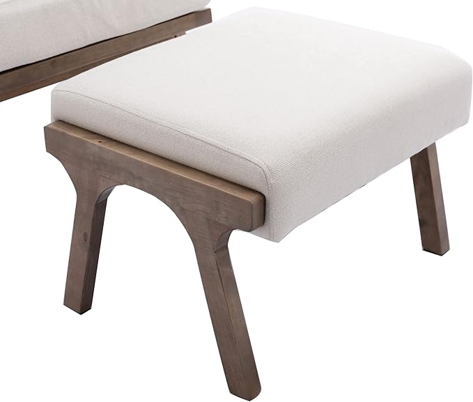 Wahson Mid Century Arm Chair and Ottoman Set, Upholstered Accent Armchair with Wood Frame and Linen Cushions, Leisure Slipper Chair for Living Room/Bedroom, Cream