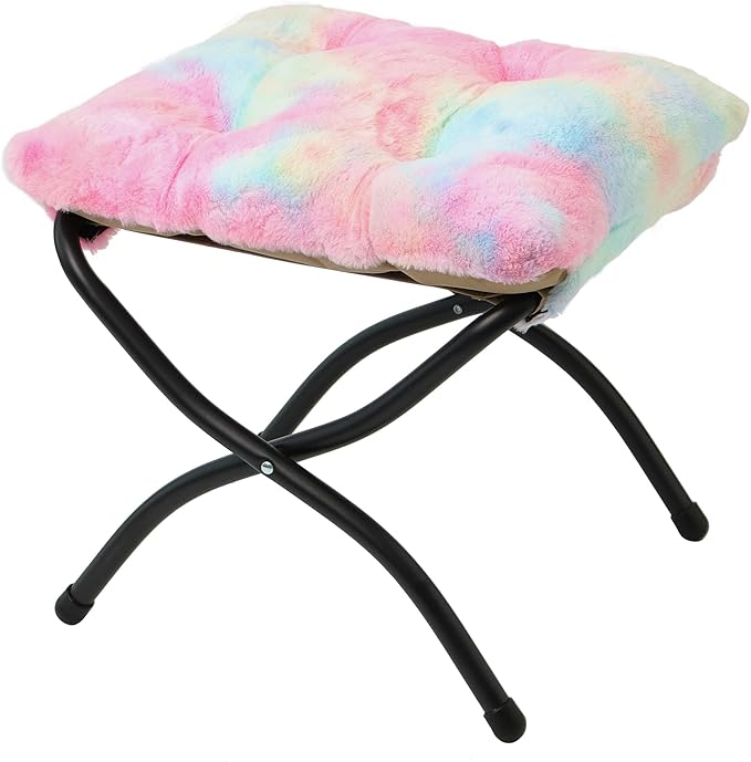 15"(H) Folding Ottoman, Foldable Footrest Stool, Portable Small Foot Stool for Couch, Collapsible Foot Rest Ottoman for Sofa, Accent Padded Ottomans for Living Room, Bedroom, Rainbow