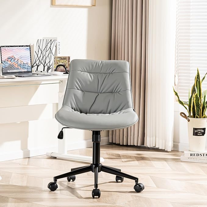 Rowill Leather Office Chair, Ergonomic Armless Desk Chair with Waterproof Cushion & Slient Wheels & SGS-Certified Class 3 Explosion-Proof Gas Lift, Ideal for Home Office, Study and Vanity(Grey)