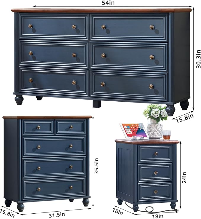 Farmhouse Dressers & Night Stand Set of 4, Wood 54" Wide Dresser & 35" Tall Chest of Drawers, 18" with Charging Station Nightstand Set of 2, Bedroom Furniture Dresser Set for Home Living Room Hallway
