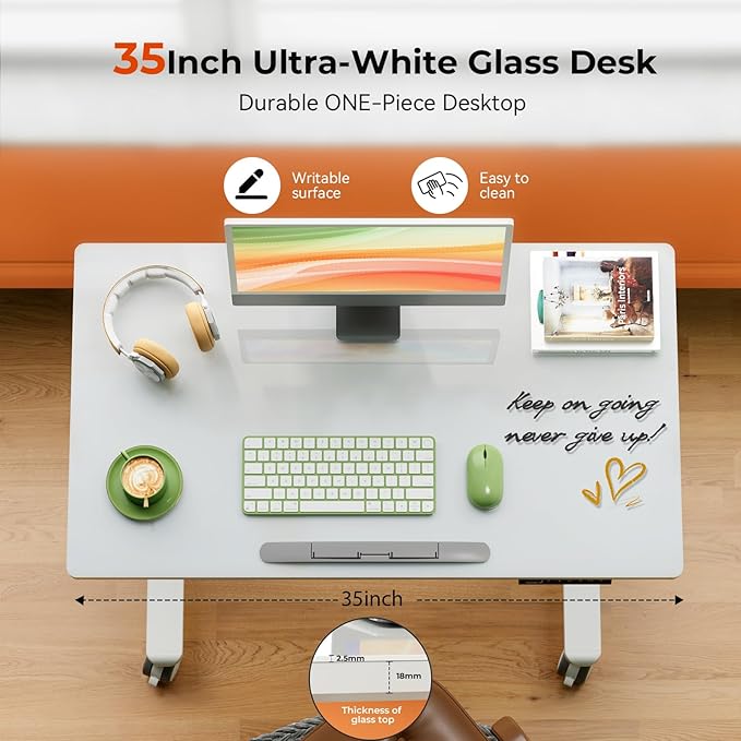 35inch Glass Standing Desk,90° Tiltable Mobile Rising Desk Height Adjustable,Whole Piece Rolling Sit Stand Table with Wheels,Foldable Small Laptop Desk,White