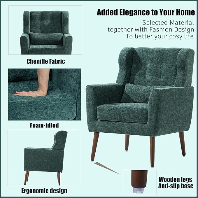 Accent Chair, Comfy Upholstered Living Room Chairs with High Tufted Backrest and Pillow, Wingback Reading Chair with Solid Wood Legs for Bedroom/Office, Chenille Fabric, Blackish Green