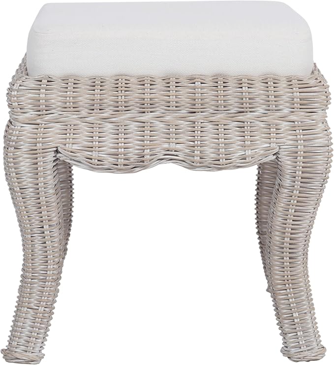 JONATHAN Y VSL1000C Rowan 19.7" Bohemian Designer Woven Rattan/Wood Ottoman Vanity Stool, White Cushion Seat with Gray White Wash Binded Base, for Living Room, Bedroom, Entryway, Foyer