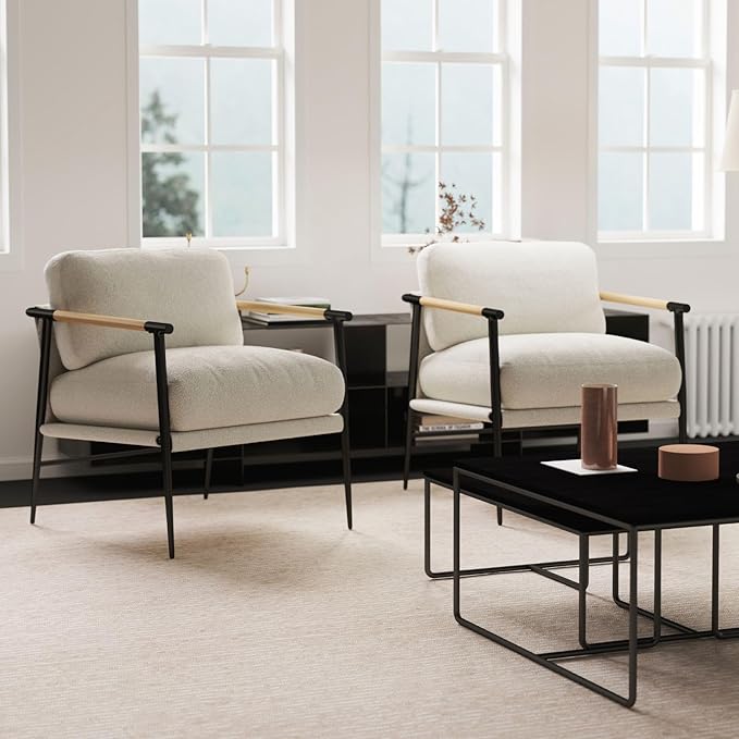 LukeAlon Mid Century Sherpa Accent Chairs Set of 2, Ultra Soft Living Room Chairs with Metal Legs Modern Armchairs Lounge Chairs Upholstered Comfy Leisure Chairs for Bedroom Reception Area, White