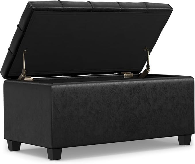 SIMPLIHOME Sienna 33 inch Wide Transitional Rectangle Storage Ottoman Bench in Distressed Black Vegan Faux Leather, Assembled, for The Living Room, Entryway and Family Room