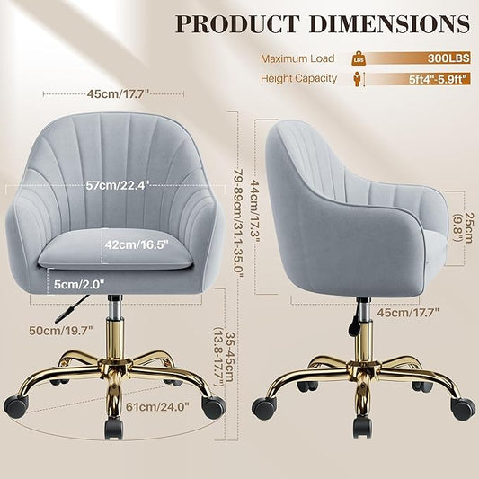 Comfy Home Office Desk Chairs Vanity Chair with Wheels Adjustable Modern Velvet Makeup Vanity Chairs for Bedroom Living Room(Grey)