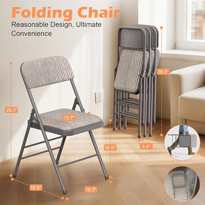 Commercial Grade Folding Chair with Padded Fabric Cushion(16"X16" |Double-hinged Legs Luxury Style|4.5kg Capacity Max Weight 150Kg for Home and Office,Indoor and Outdoor Events (4, Fabric-Beige)