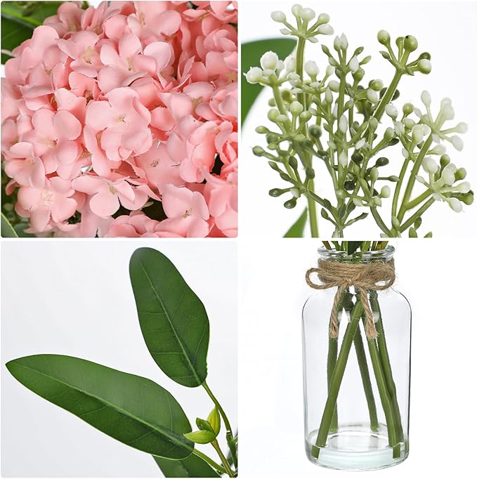 Hollyone Pink Hydrangea Artificial Flowers in Clear Glass Vase with Faux Water Silk Hydrangeas Fake Flowers Floral Arrangement for Home Bathroom Kitchen Office Table Centerpiece Shelf Decorations