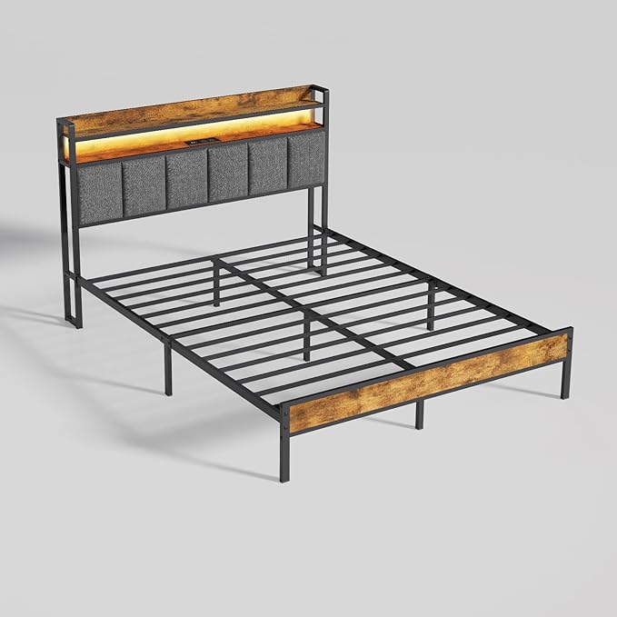 Z-hom Twin Bed Frames, Twin Bed Frame with 2-Tier Storage Upholstered Headboard, Metal Platform with USB Charging Station & LED Lights, Noise Free, No Box Spring Needed, Easy Assembly, Vintage Brown