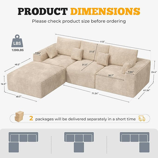 113" Modular Sectional Sofa, Convertible L-Shaped Cloud Couches for Living Room with Ottoman, 4 Seater Corduroy Boneless Couch Sofa Set, No Assembly Required, Khaki 1 PCS