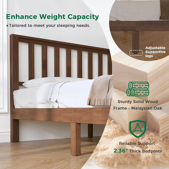 DELAVIN King Size Bed Frame and Headboard, Mid Century Modern Platform Bed, Malaysian Oak Bed with 12 Slats Support,Solid Wood Function, No Box Spring Needed, Easy Assembly, King, Antique Espresso