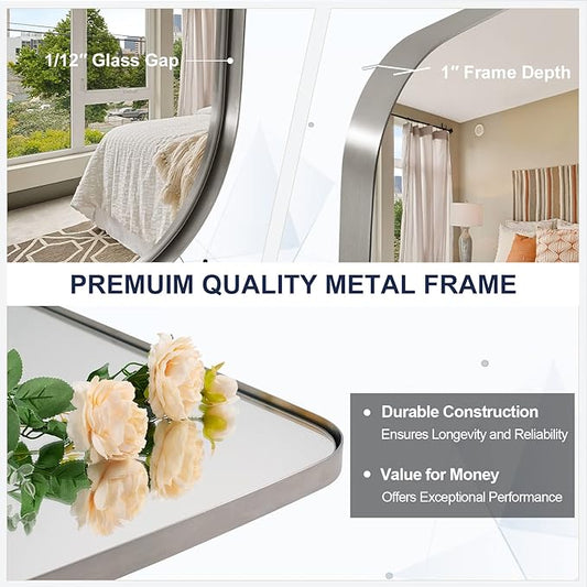 ANDY STAR Brushed Nickel Mirror, 30x48’’ Brushed Nickel Bathroom Oval Mirror with Stainless Steel Metal Frame, Silver Oblong Mirrors Wall Mounted for Bedroom, Living Room Decor