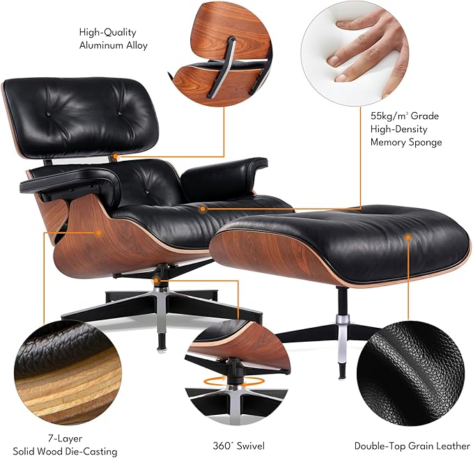 Top Black Grain Leather, Mid Century Chaise Lounge Chair and Ottoman, Leather Accent Chair, Modern Reading Chair, Classic Design, Heavy Duty Base Support for Living Room Lounge Office, Palisander