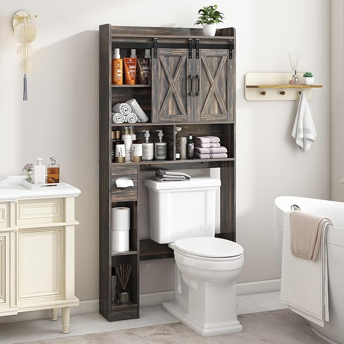 Vabches Over The Toilet Storage Cabinet, Farmhouse Storage Cabinet Over Toilet with Sliding Door& Toilet Paper Holder Stand,Home Space-Saving Toilet Rack, for Bathroom, Laundry and Restroom