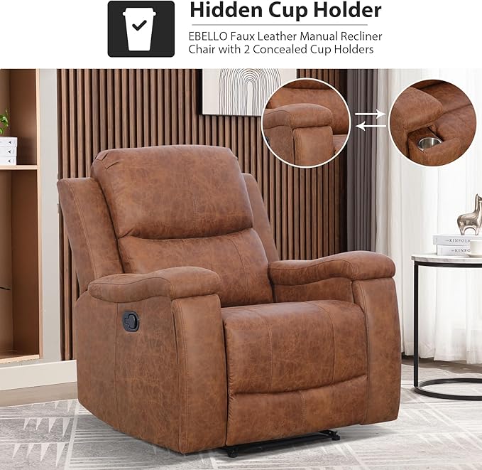 Brown Recliner Chair, Single Overstuffed Sofa Recliners, Breathable Faux Leather Manual Reclining Chairs with Hidden Cup Holder, Arm and Back for Adults, Living Room, Bedroom, Brown