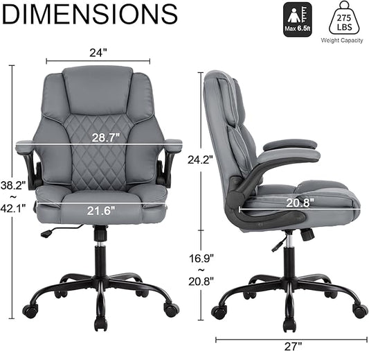 Office Desk Chair,Mid Back Executive Leather Chair,Ergonomic Home Computer Chair,Modern Conference Room Chairs with Adjustable Flip-Up Arms and Rocking Function (Grey)