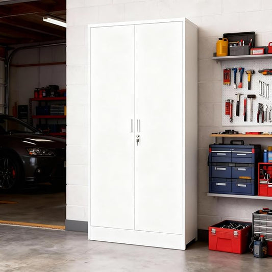 BESFUR Metal Storage Cabinet with 5 Adjustable Shelves and 2 Lockable Doors, 71" White Garage Metal Cabinet, Locking Cabinet for Office, School, Garage