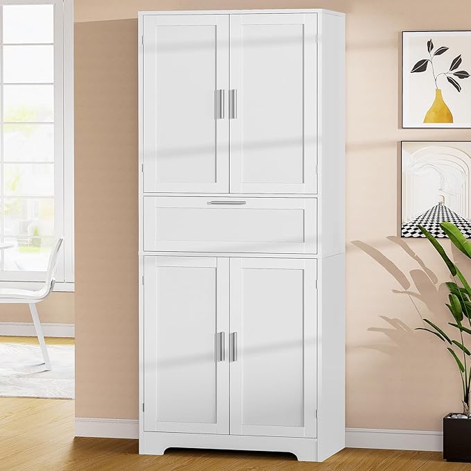 Iwell Tall Storage Cabinet with Adjustable Shelf & 1 Large Drawer, Pantry Cabinet with 4 Doors, Bathroom Cabinets, Kitchen Cabinets for Dining Room, Living Room, Home Office, White