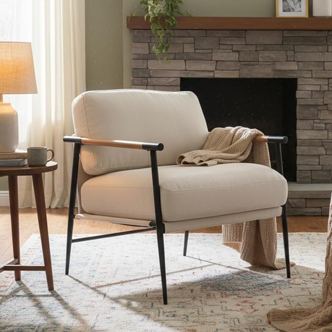 Mid-Century Accent Chair, Soft Armchair Chenille Fabric Lounge Chair with Black Metal Legs, Upholstered Leisure Chair for Living Room Bedroom Reception Room, 1PC, Beige