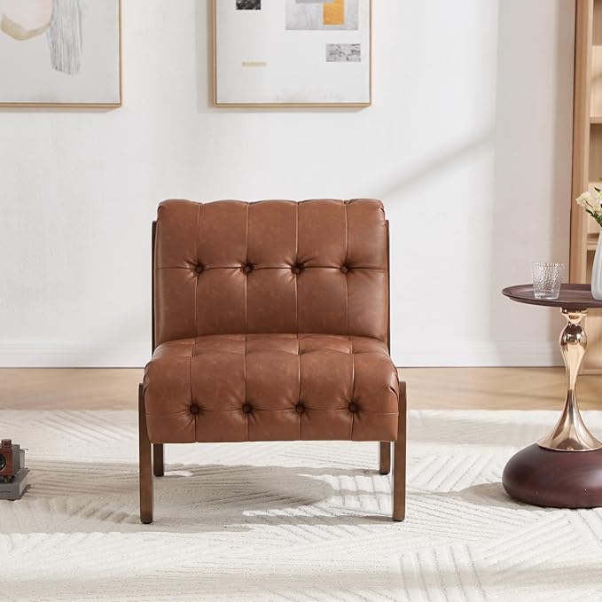 HEAH-YO Accent Chair Set of 2,Modern Vintage Living Room Chair for Bedroom with Button Tufted Back and Wood Legs,Upholstered Comfy Reading Chair for Makeup Vanity Cafe,PU Brown