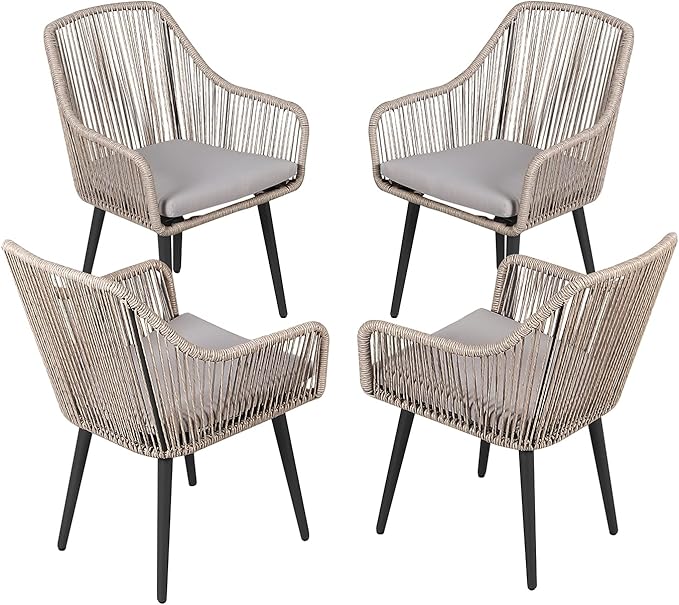 JOIVI Patio Dining Chairs Set of 4, 4-Piece Rattan Outdoor Chairs with Armrest and Cushions for Outside Lawn, Garden, Backyard, Indoor, Tan