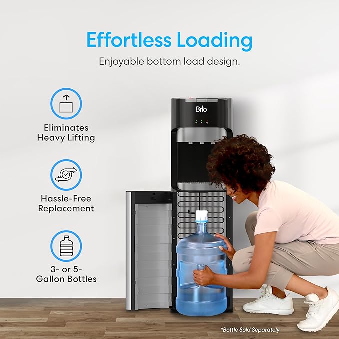 Brio Bottom Loading Water Cooler Dispenser for 5 Gallon Bottles - 3 Temperatures with Hot, Room & Cold Spouts, Child Safety Lock, LED Display with Empty Bottle Alert, Stainless Steel