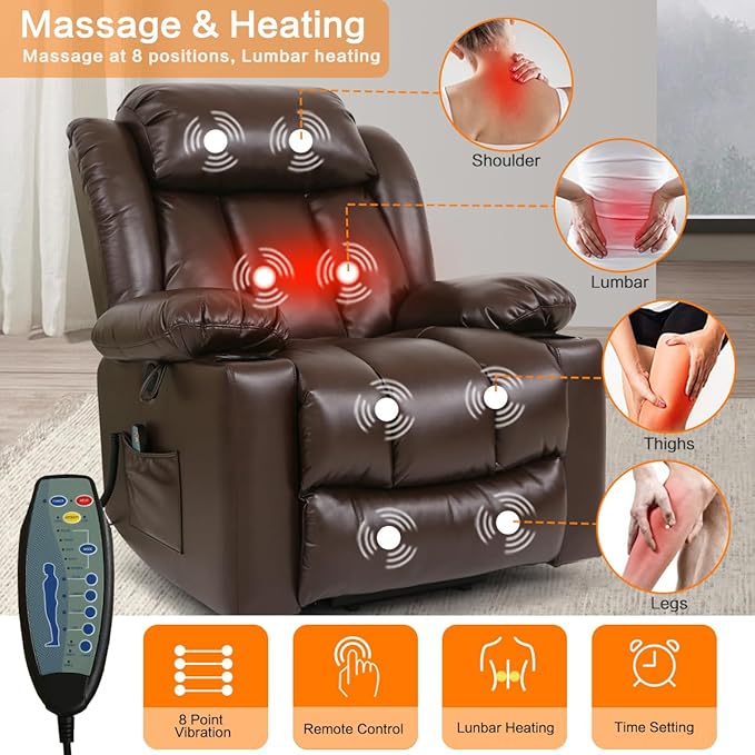 PARKOL Power Lift Recliner Chair for Elderly Breathable Leather Recliner Chair with Massage and Heat for People Limited Mobility (Brown, Small)