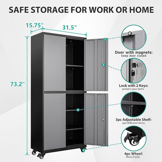 SISESOL Metal Storage Cabinet with Wheels,Rolling Garage Storage Cabinet with Lock,Gray Lockable Metal Cabinets with Shelves,Tall Tool Cabinets on Wheels for Garage,Home,Office,Shop