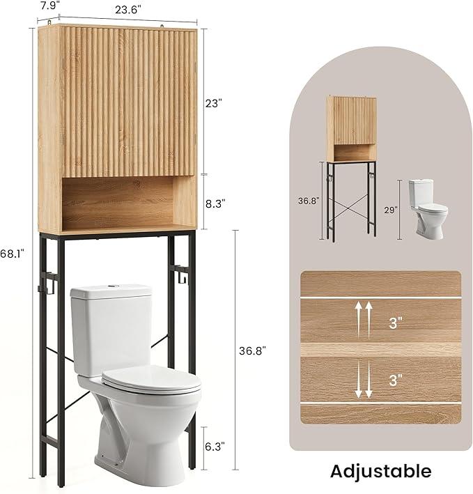 Toilet Storage Cabinet, Over The Rack Wood Cabinet with Metal Stand, Bathroom Organizer with Adjustable Shelf, Tall Freestanding Washer Shelf, Small Cupboard, Space Saver, Natural Style